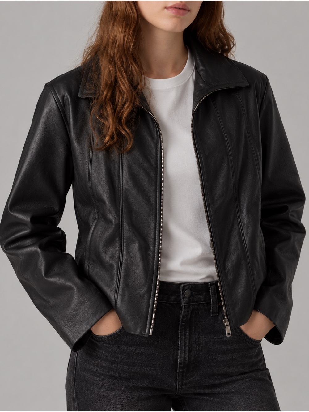 Vintage East 5th Black Genuine Leather Zip Jacket Classic Minimalist Tailored XL